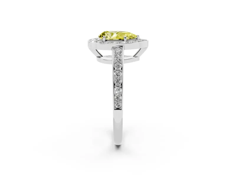 Fancy Yellow Pear Cut Diamond Halo Pavé Engagement Ring Set in Silver with Bezel Setting