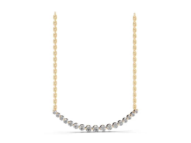 Round Lab-Grown Diamond Graduated Curved Bar Necklace | Shared Prongs | Yellow Gold