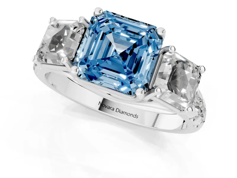 Asscher Cut Three Stone Engagement Ring Setting for a Fancy Blue Lab-Grown Diamond | Accented Shoulders | Platinum