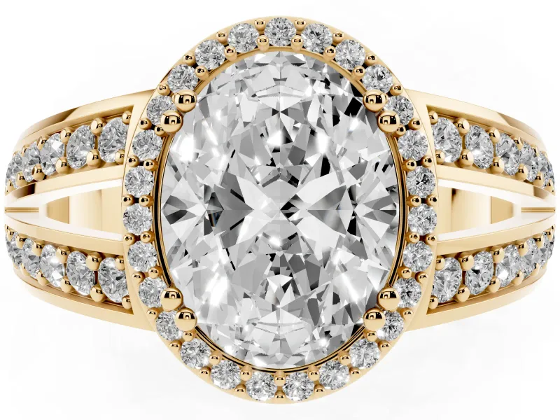 Oval Cut Diamond Halo Ring Set in Yellow gold with Double Pavé Split Shank