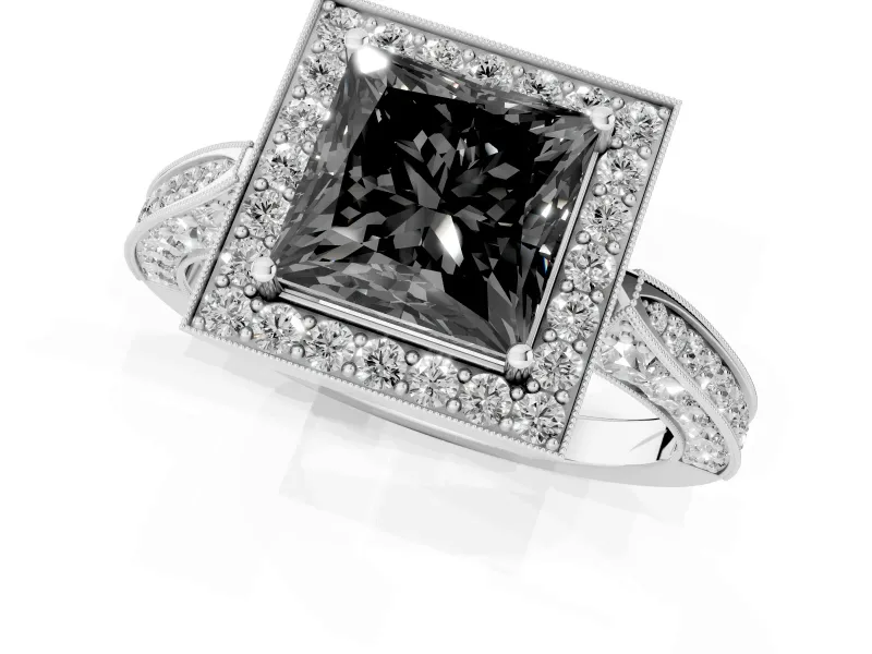 Princess Cut Milgrain Halo Engagement Ring Setting for a Black Center | Side Stones | Platinum