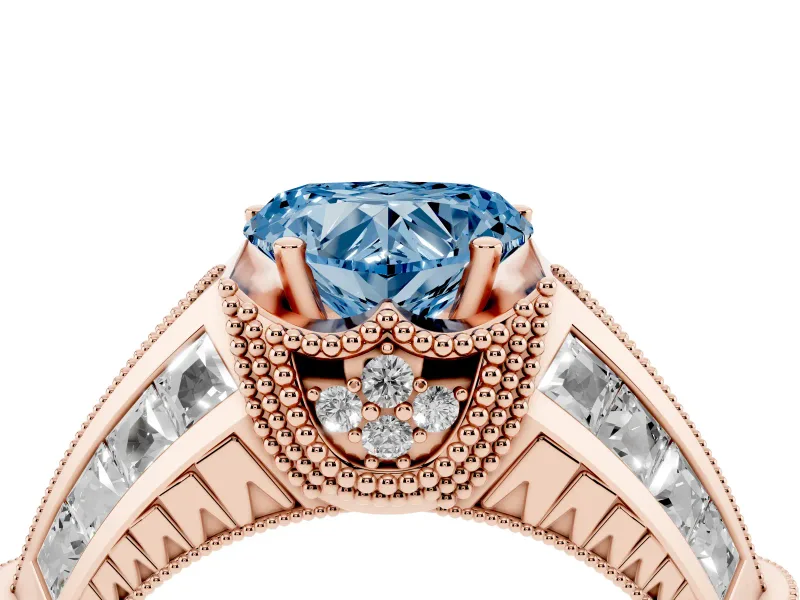 Fancy Blue Heart Cut Diamond Vintage-Inspired Milgrain Ring Set in Rose gold with Accent Split Shank