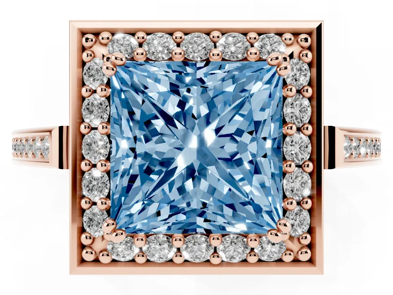 Princess Cut Halo Engagement Ring Setting for a Fancy Blue Lab-Grown Diamond | Polished Halo Rim | Rose Gold