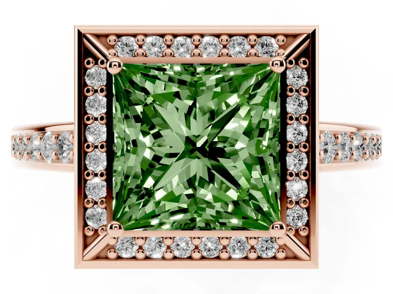 Fancy Green Princess Cut Diamond Halo Pavé Split Shank Ring Set in Rose gold with Prong Setting