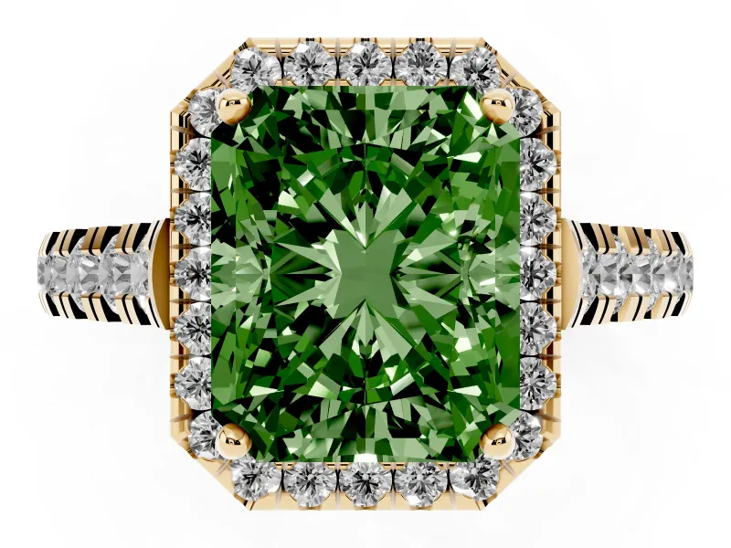 Radiant Cut Accented Halo Engagement Ring Setting for a Fancy Green Lab-Grown Diamond | Yellow Gold