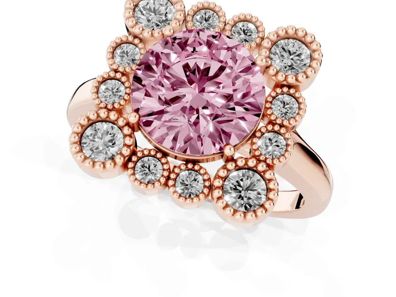 Round Milgrain Cluster Halo Engagement Ring Setting for a Fancy Pink Lab-Grown Diamond | Plain Band | Rose Gold