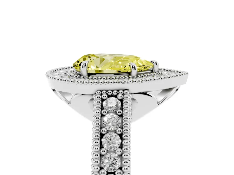 Fancy Yellow Pear Cut Diamond Halo Ring Set in Platinum with Round Accent Halo, Pavé Band and Prong Setting