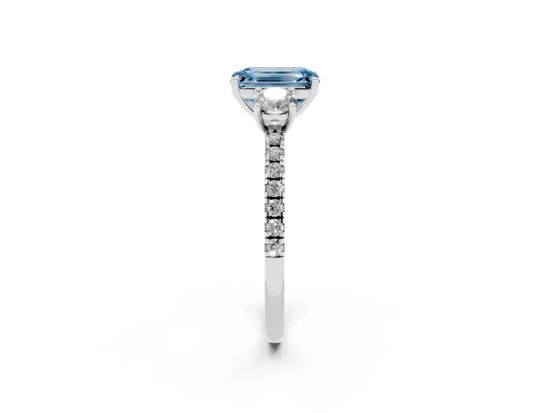 Emerald Cut Three Stone Engagement Ring Setting for a Fancy Blue Lab-Grown Diamond | Pave Shoulders | Platinum