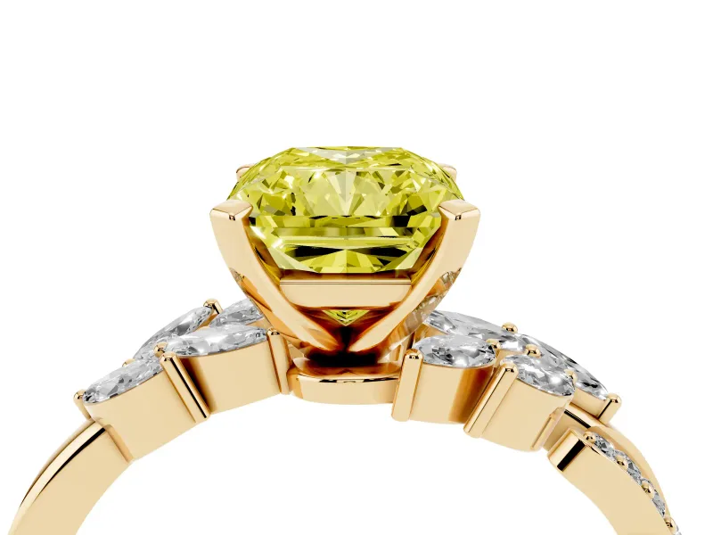 Fancy Yellow Radiant Cut Diamond Solitaire Ring Set in Yellow gold with Marquise Twist Band and Prong Setting