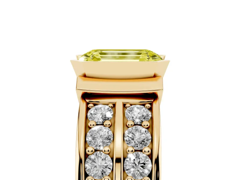 Emerald Cut Half Bezel Engagement Ring Setting for a Fancy Yellow Lab-Grown Diamond | Channel Band | Yellow Gold