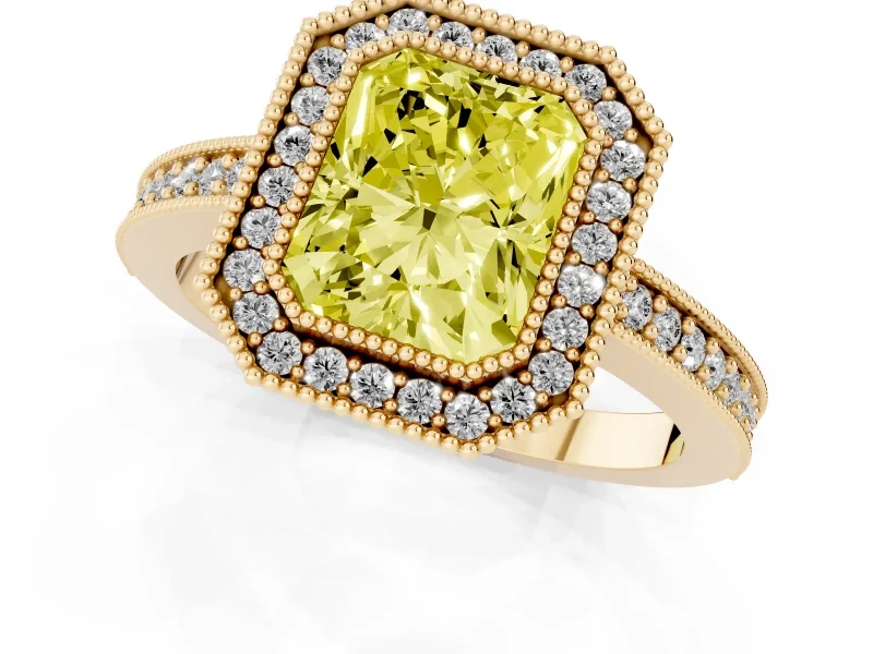 Fancy Yellow Radiant Cut Diamond Halo Engagement Ring Set in Yellow gold with Pavé Band and Round Halo Stones
