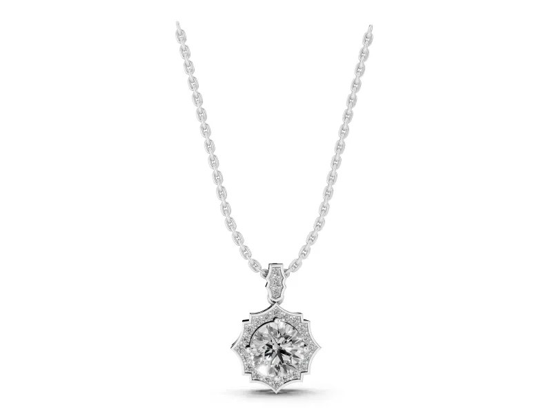 Round Lab-Grown Diamond Pointed Halo Pendant Necklace | Pavé Bail | White Gold