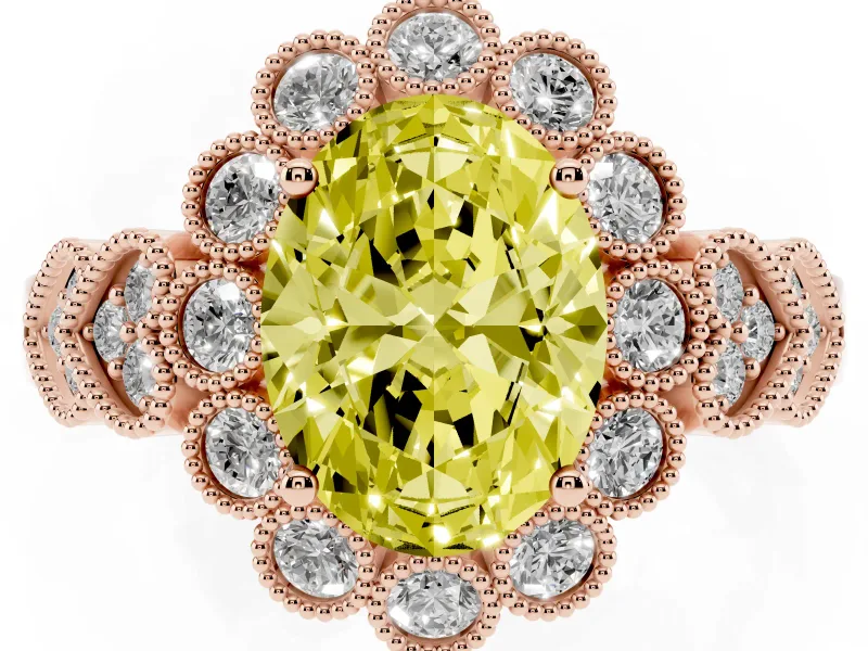 Oval Scalloped Halo Engagement Ring Setting for a Fancy Yellow Lab-Grown Diamond | Heart Pavé Band | Rose Gold