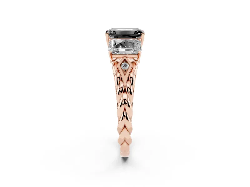 Fancy Black Emerald Cut Diamond Three-Stone Ring Set in Rose gold with Braided Band
