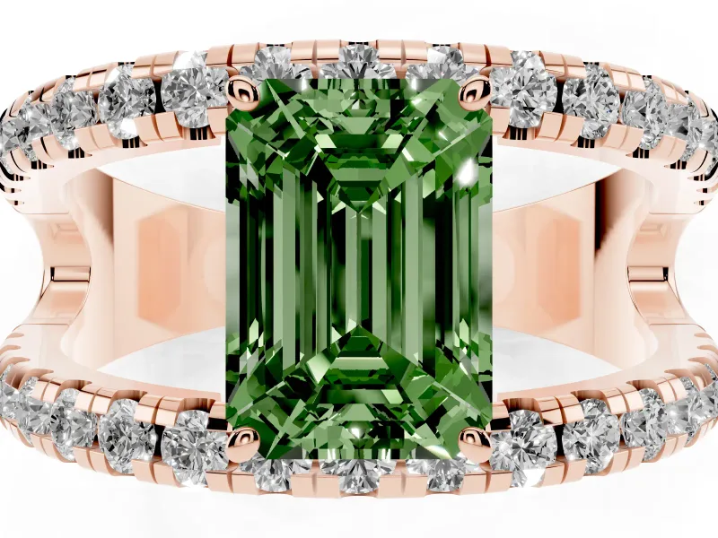 Emerald Cut Split Shank Pavé Engagement Ring Setting for a Fancy Green Lab-Grown Diamond | Rose Gold
