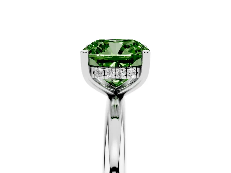Fancy Green Cushion Cut Diamond Solitaire Engagement Ring Set in Platinum with Prong Setting and Polished Band