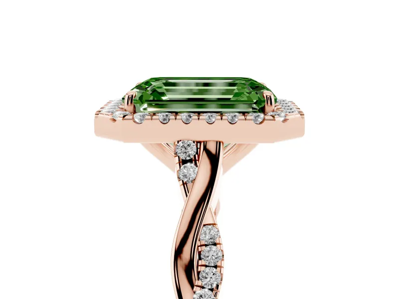 Emerald Cut Twist Halo Engagement Ring Setting for a Fancy Green Lab-Grown Diamond | Rose Gold