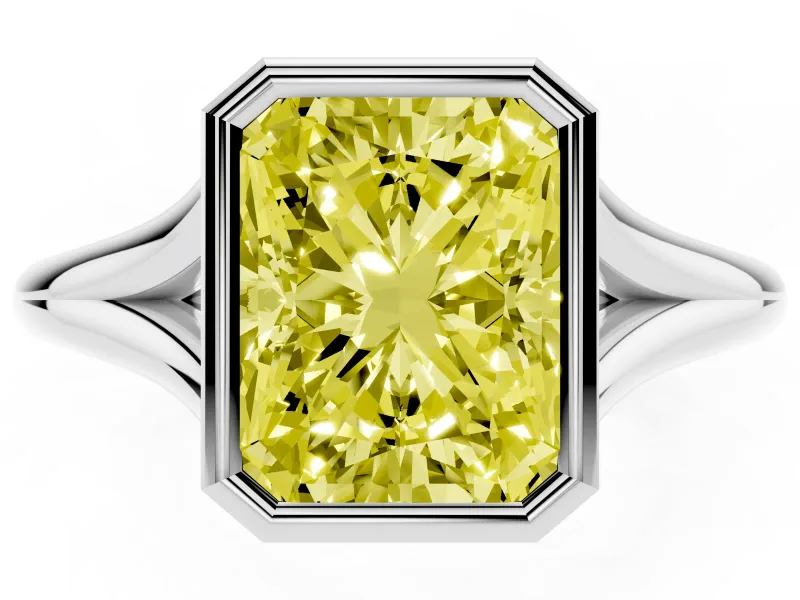 Fancy Yellow Bezel Set Radiant Cut Diamond Solitaire Ring Set in Platinum with Tapered Band