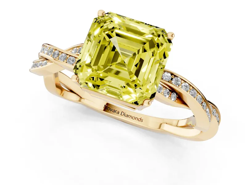 Fancy Yellow Asscher Cut Diamond Solitaire Twisted Pavé Ring Set in Yellow gold with Prong Setting