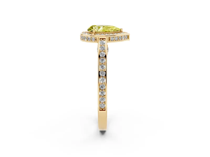 Fancy Yellow Pear Cut Diamond Halo Pavé Split Shank Ring Set in Yellow gold with Prong Setting