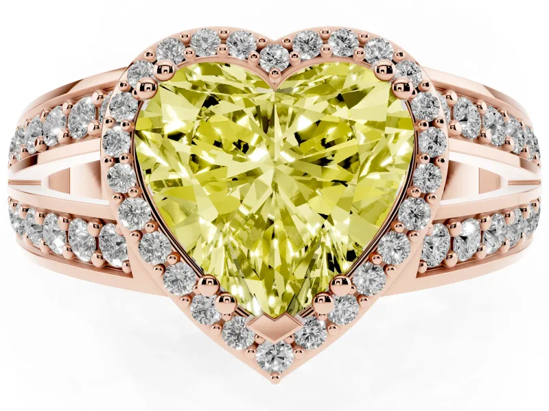 Fancy Yellow Heart Cut Diamond Halo Ring Set in Rose gold with Double Pavé Split Shank