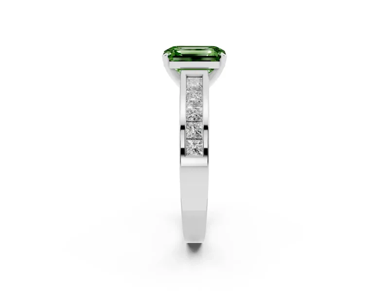 Fancy Green Emerald Cut Diamond Solitaire Ring Set in White gold with Channel-Set Band and Prong Setting