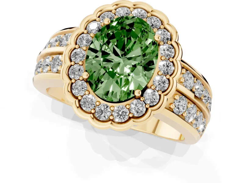 Fancy Green Oval Cut Diamond Scalloped Halo Ring Set in Yellow gold with Pavé Split Shank