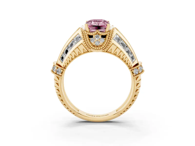 Emerald Cut Vintage Milgrain Engagement Ring Setting for a Fancy Pink Lab-Grown Diamond | Hidden Halo | Yellow Gold