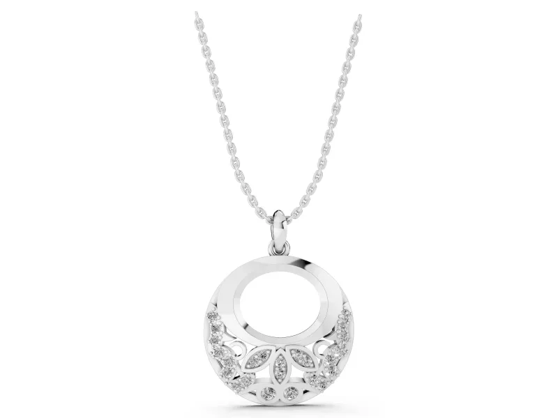 Round Lab-Grown Diamond Pavé Leaf Filigree Disc Necklace | Open Oval Window | Sterling Silver