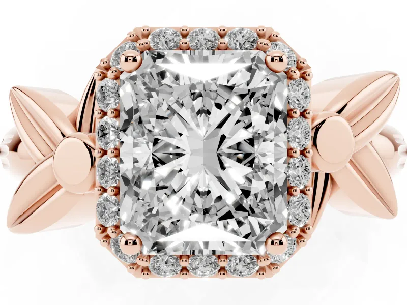 Radiant Cut Floral Halo Engagement Ring Setting | Leaf Shoulders | Rose Gold