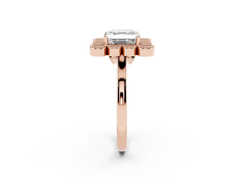 Asscher Cut Vintage Milgrain Bezel Cluster Halo Engagement Ring Setting | Plain Band | Rose Gold