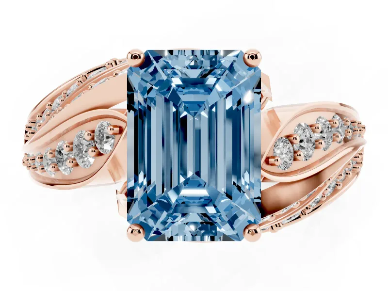 Emerald Cut Bypass Hidden Halo Engagement Ring Setting for a Fancy Blue Lab-Grown Diamond | Graduated Pavé | Rose Gold
