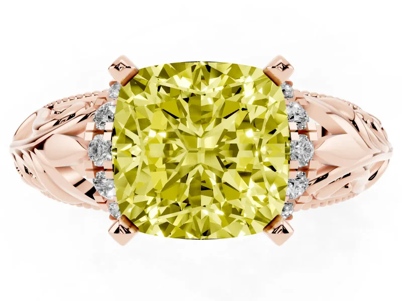 Fancy Yellow Cushion Cut Diamond Filigree Halo Engagement Ring Set in Rose gold with Prong Setting