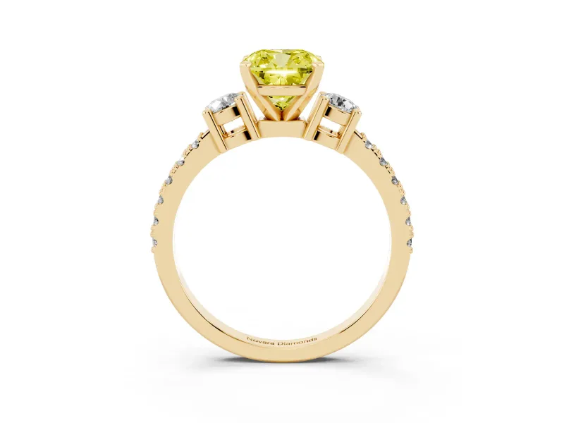 Cushion Cut Three Stone Engagement Ring Setting for a Fancy Yellow Lab-Grown Diamond | Pavé Band | Yellow Gold