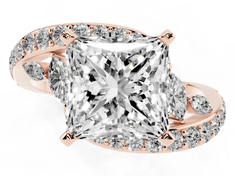 Princess Cut Bypass Pavé Engagement Ring Setting | Marquise Accents | Rose Gold