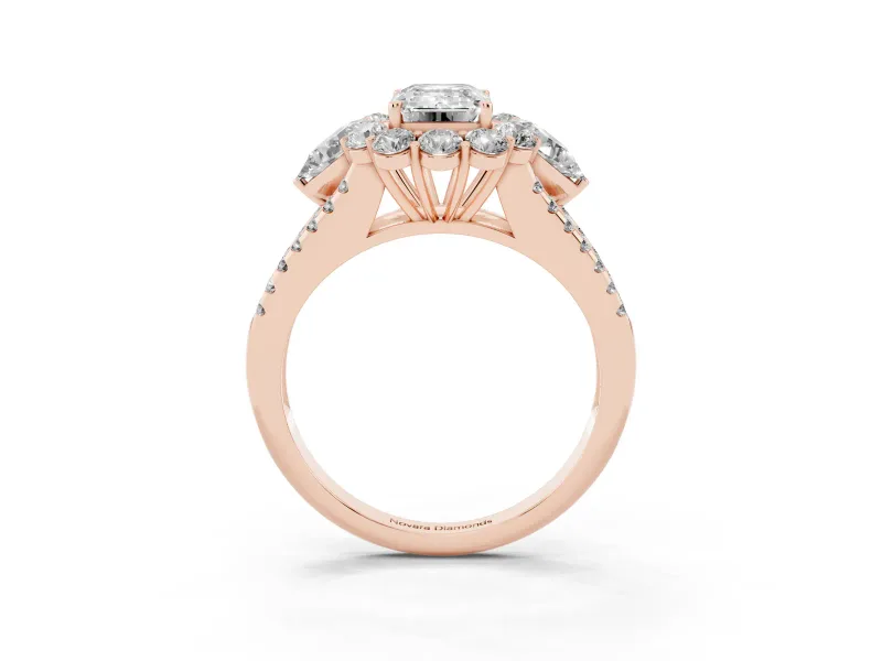 Emerald Cut Diamond Halo Split Shank Engagement Ring Set in Rose gold with Prong-Held Center Stone