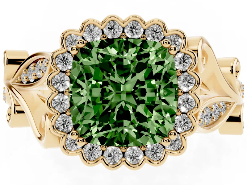 Cushion Cut Leaf Halo Engagement Ring Setting for a Fancy Green Lab-Grown Diamond | Yellow Gold