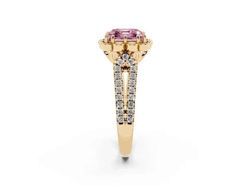 Asscher Cut Floral Halo Engagement Ring Setting for a Fancy Pink Lab-Grown Diamond | Pavé Split Shank | Yellow Gold