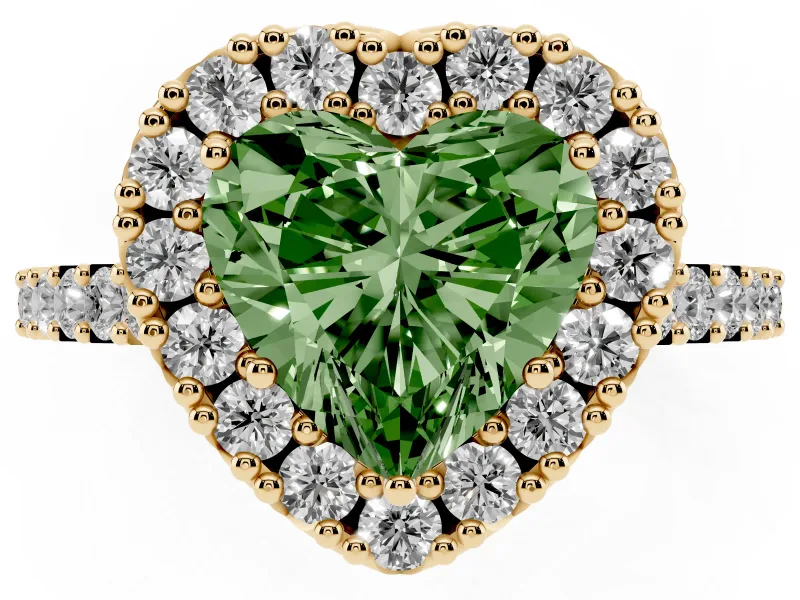 Heart-Shaped Halo Engagement Ring Setting for a Fancy Green Lab-Grown Diamond | Single Row Pavé Band | Yellow Gold
