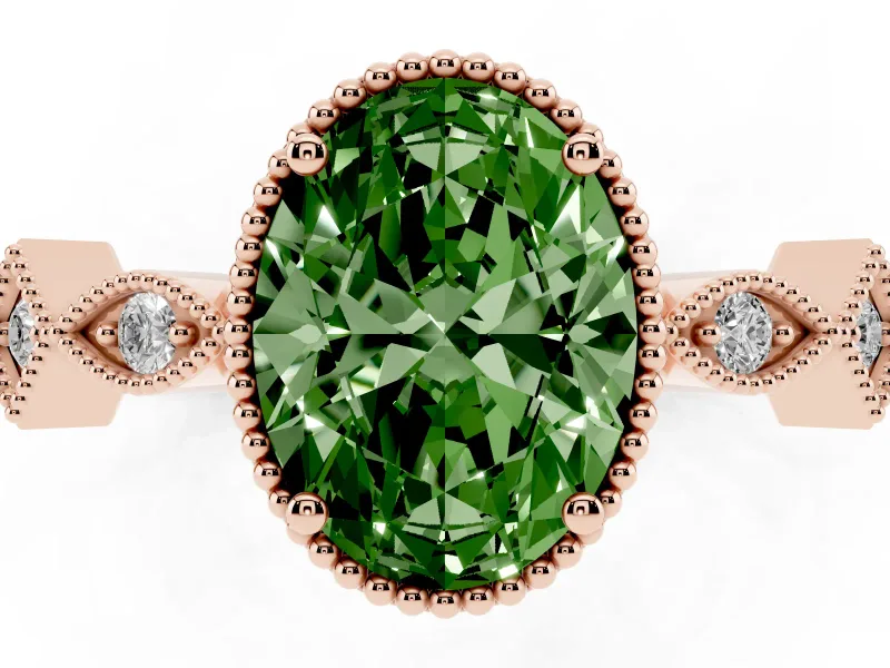 Fancy Green Oval Cut Diamond Milgrain Marquise Twist Band Ring Set in Rose gold with Prong Setting