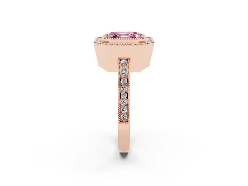 Fancy Pink Asscher Cut Diamond Halo Ring Set in Rose gold with Pavé Band and Milgrain-Edged Prongs