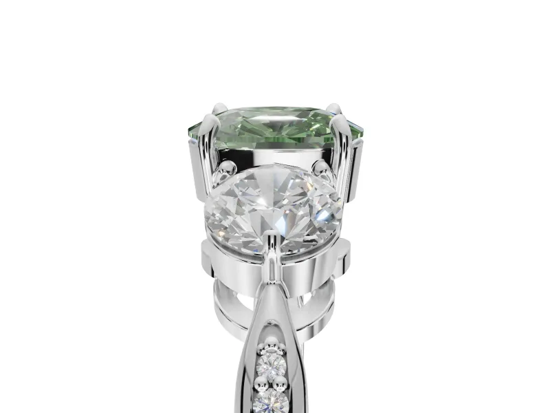 Cushion Cut Three Stone Engagement Ring Setting for a Fancy Green Lab-Grown Diamond | Tapered Pave Band | Platinum