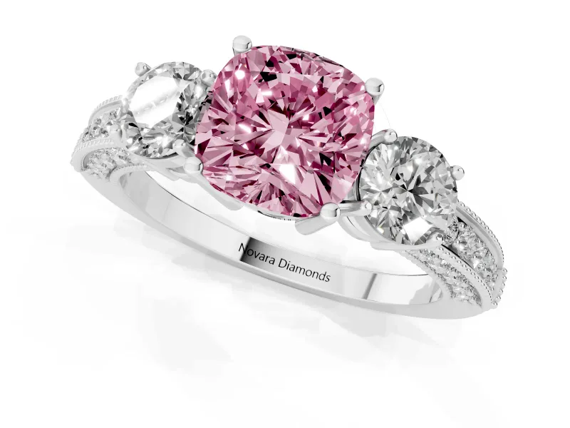 Fancy Pink Cushion Cut Diamond Three-Stone Ring Set in Silver with Round Side Stones and Pavé Band