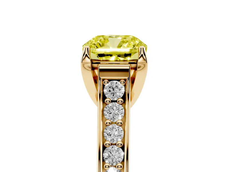 Fancy Yellow Cushion Cut Diamond Solitaire Pavé Engagement Ring Set in Yellow gold with Prong Setting