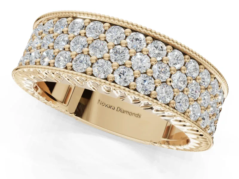 Round Lab-Grown Diamond Wide Pavé Wedding Band | Milgrain Edges | Yellow Gold
