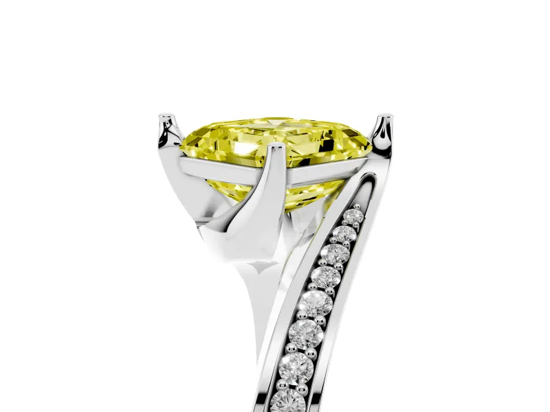Fancy Yellow Asscher Cut Diamond Solitaire Ring Set in Platinum with Intertwined Pavé Twist Band