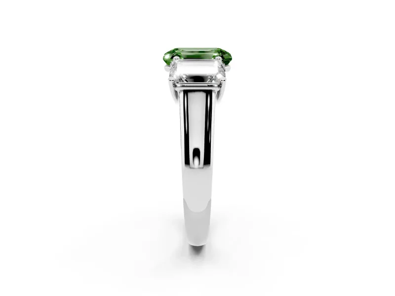 Emerald Cut Three Stone Engagement Ring Setting for a Fancy Green Lab-Grown Diamond | Basket Prong Heads | Platinum