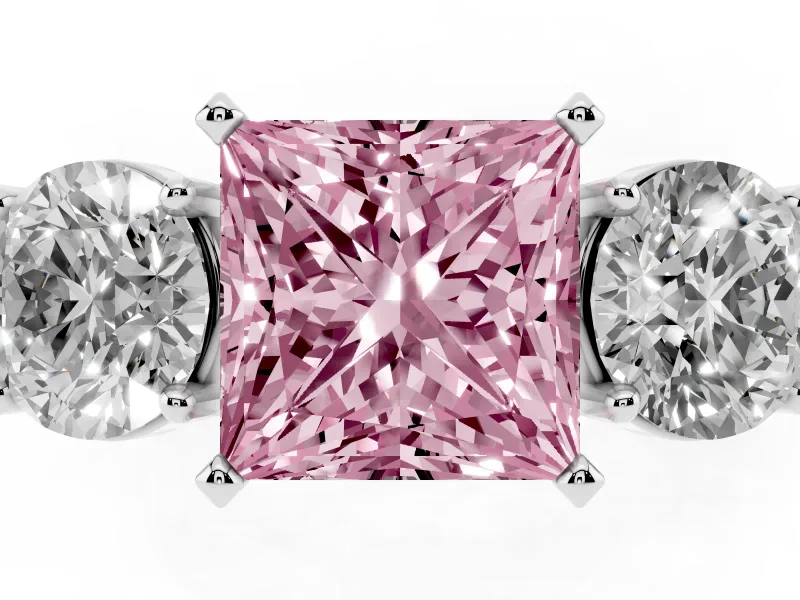 Princess Cut Three Stone Engagement Ring Setting for a Fancy Pink Lab-Grown Diamond | Wide Plain Band | Platinum