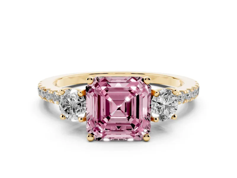 Fancy Pink Asscher Cut Diamond Three-Stone Ring Set in Yellow gold with Pavé Band and Graduated Sides