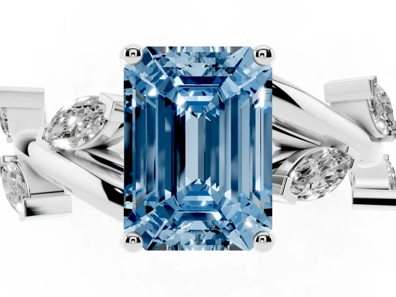 Fancy Blue Emerald Cut Diamond Solitaire Ring Set in Silver with Twisted Marquise Accent Band